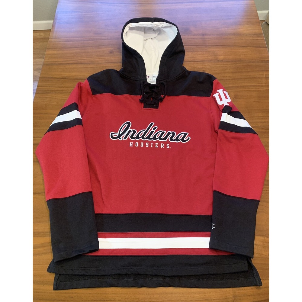 Indiana Hoosiers Champion Hoodie Sweatshirt Hockey Style Mens L Red Black NCAA